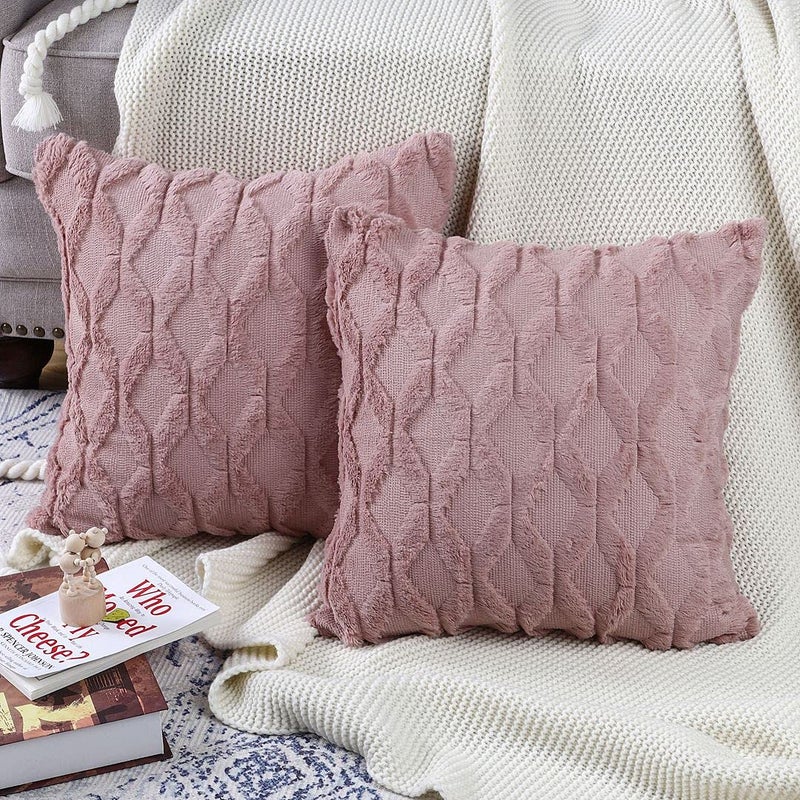 MADIZZ Set of 2 Soft Polyester Short Wool Velvet Decorative Throw Pillow Covers 24x24 inch Pink Square Luxury Style Cushion Cases European Pillow Shell for Sofa Bedroom - Image 5